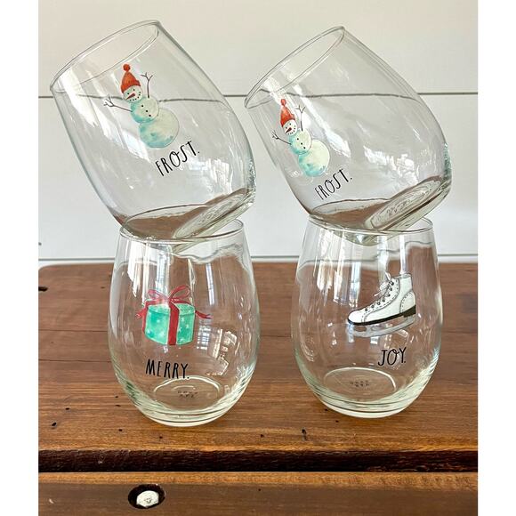 Rae Dunn Set of 4 Christmas Holiday  Stemless Wine Glasses Frosy Joy Merry - Picture 5 of 10